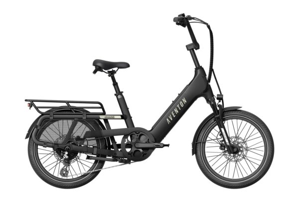 Black Aventon Abound electric cargo bike with a rear rack, step-through frame, and small wheels.