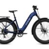 Dark blue Aventon step-through electric bike with fat tires, fenders, and a rear rack.