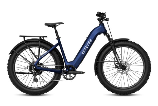 Dark blue Aventon step-through electric bike with fat tires, fenders, and a rear rack.