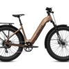 Bronze Aventon step-through electric fat tire bike with a rear rack and fenders.