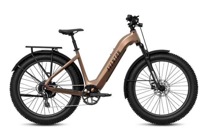 Bronze Aventon step-through electric fat tire bike with a rear rack and fenders.