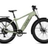 Sage green Aventon electric mountain bike with thick tires, a rear rack, and fenders.