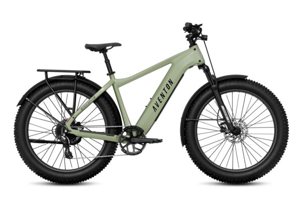Sage green Aventon electric mountain bike with thick tires, a rear rack, and fenders.