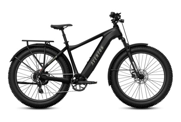 Black Aventon fat tire electric mountain bike with a rear rack and fenders.