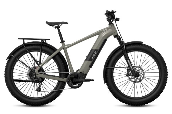 Gray Aventon Aventure electric fat-tire bike with a rear rack and fenders.