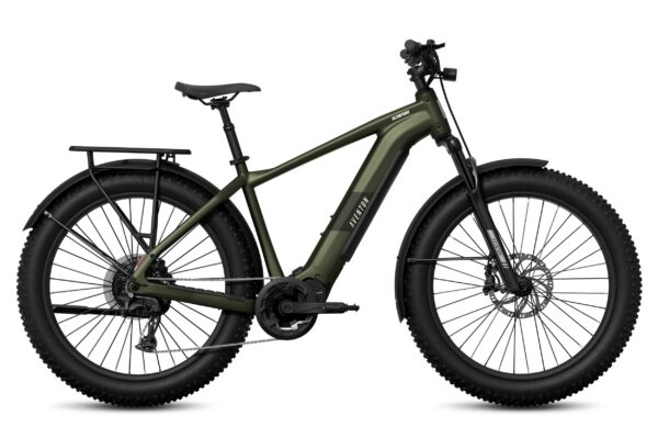 Olive green Aventon Aventure electric fat-tire bike with a rear rack and front suspension.