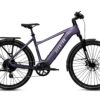 Purple Aventon electric step-through bike with a rear rack and fenders.