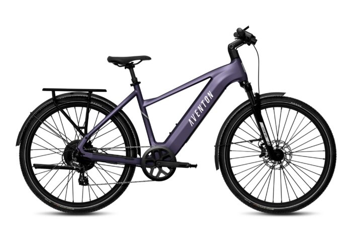 Purple Aventon electric step-through bike with a rear rack and fenders.