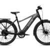 Matte black Aventon electric commuter bike with a rear cargo rack, fenders, and disc brakes.
