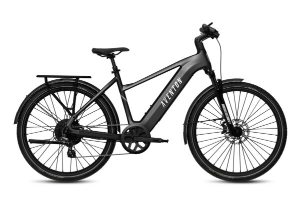 Matte black Aventon electric commuter bike with a rear cargo rack, fenders, and disc brakes.