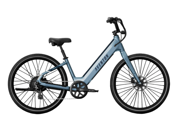 Aventon Pace blue step-through electric bicycle.