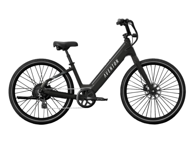 Black Aventon electric cruiser bicycle with a step-through frame.