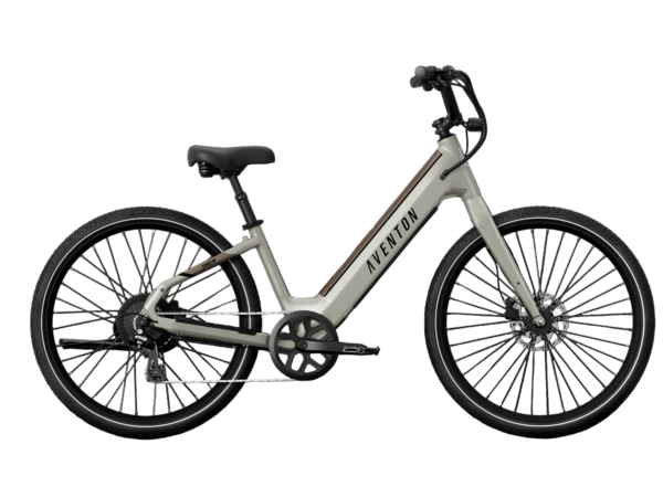 Aventon Pace step-through electric bike in gray with black tires and handlebars.