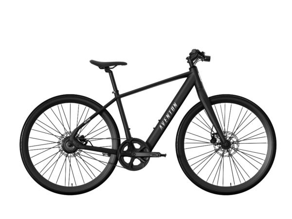 Matte black Aventon e-bike with a step-over frame and disc brakes.