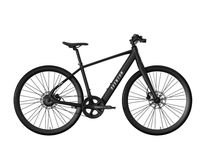 Matte black Aventon e-bike with a step-over frame and disc brakes.
