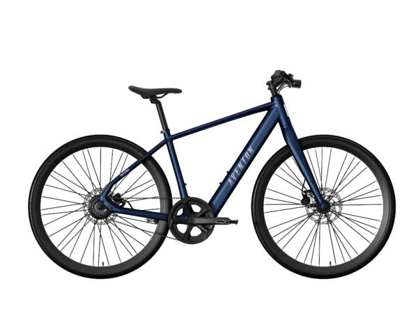 Dark blue Aventon Soltera electric bicycle viewed from the side.