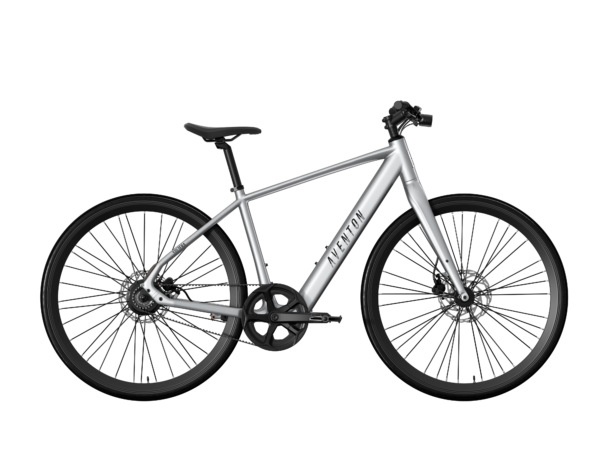 Aventon silver electric commuter bicycle with black tires and handlebars.