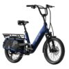 Blue Aventon electric cargo bike with a rear rack and basket.