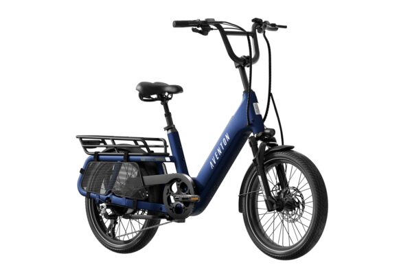 Blue Aventon electric cargo bike with a rear rack and basket.