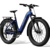 Blue Aventon fat-tire electric bike with a step-through frame, rear rack, and black fenders.