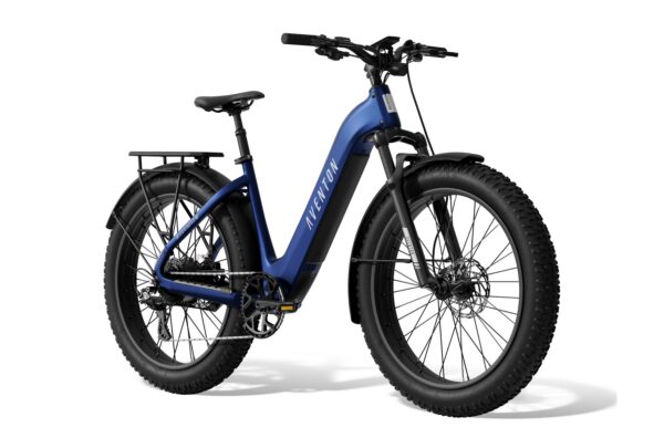 Blue Aventon fat-tire electric bike with a step-through frame, rear rack, and black fenders.