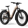Tan Aventon fat-tire electric bike with a step-through frame, rear rack, and front suspension.