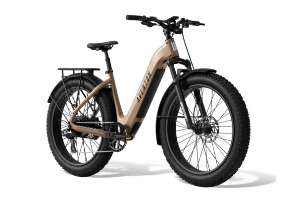 Tan Aventon fat-tire electric bike with a step-through frame, rear rack, and front suspension.
