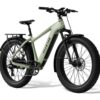 Light green Aventon electric mountain bike with fat tires, a rear rack, and fenders.