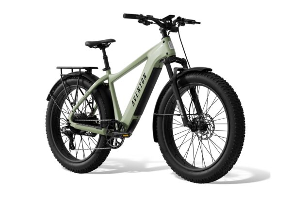 Light green Aventon electric mountain bike with fat tires, a rear rack, and fenders.