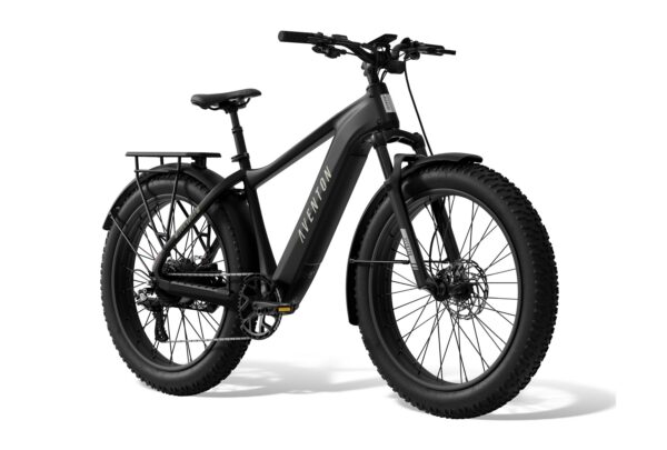 Matte black Aventon electric fat-tire bike with a rear rack and fenders.