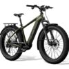 Olive green Aventon fat-tire electric bike with a rear cargo rack.