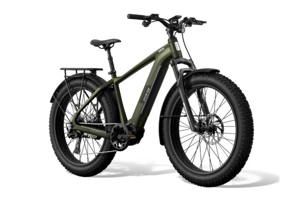 Olive green Aventon fat-tire electric bike with a rear cargo rack.