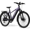 Purple Aventon step-through electric bicycle with a rear rack, fenders, and black tires.