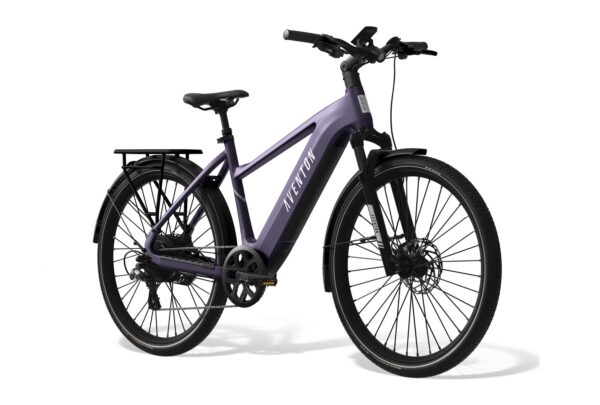 Purple Aventon step-through electric bicycle with a rear rack, fenders, and black tires.