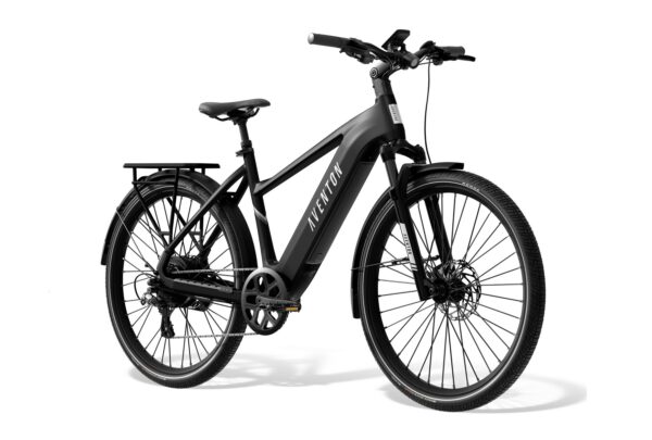 Matte black Aventon electric commuter bike with a rear rack, fenders, and disc brakes.