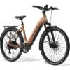 Copper-colored Aventon step-through electric bike with a rear cargo rack, fenders, and black components.