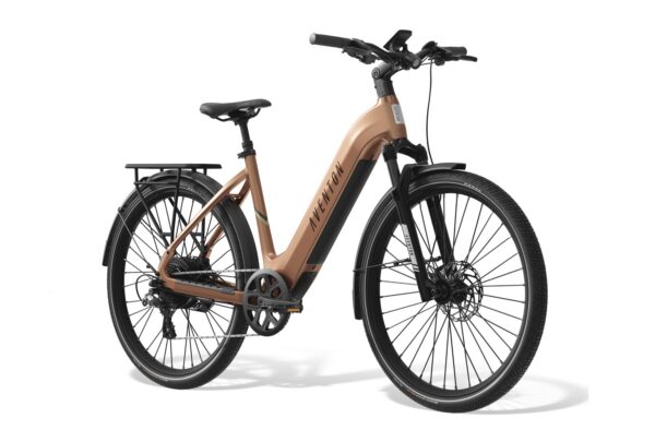 Copper-colored Aventon step-through electric bike with a rear cargo rack, fenders, and black components.