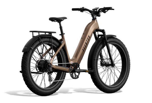 Aventon fat tire electric bike in bronze with a rear rack and fenders.