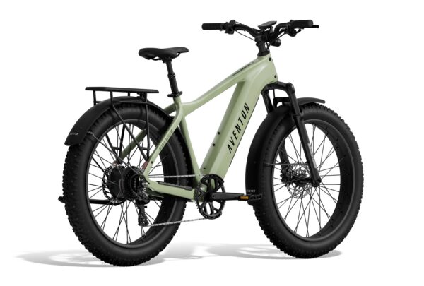 Sage green Aventon fat-tire electric bike with a rear rack and fenders.