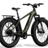 Olive green Aventon electric fat-tire bike with a rear rack and fenders.