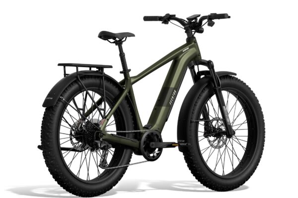 Olive green Aventon electric fat-tire bike with a rear rack and fenders.