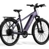 Purple Aventon electric step-through bicycle with a rear rack and fenders.