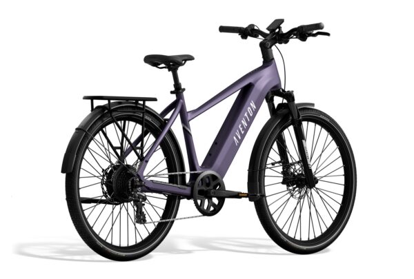 Purple Aventon electric step-through bicycle with a rear rack and fenders.