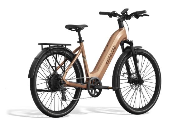 Aventon step-through electric commuter bike in metallic copper with a rear cargo rack and fenders.