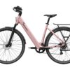 Light pink Mokwheel electric step-through bicycle with a rear cargo rack and front suspension.