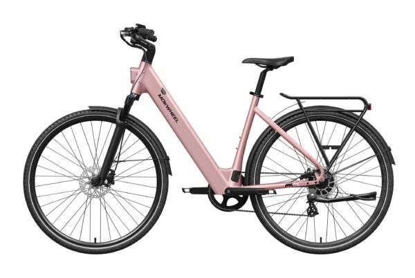 Light pink Mokwheel electric step-through bicycle with a rear cargo rack and front suspension.