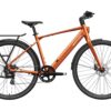 Orange Mokwheel commuter e-bike with a rear rack and fenders.