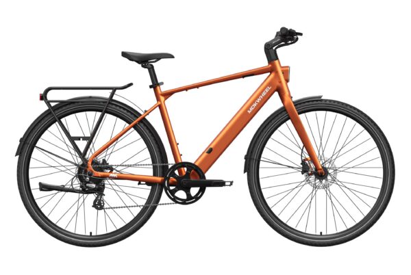 Orange Mokwheel commuter e-bike with a rear rack and fenders.