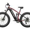 Black and red Mokwheel electric mountain bike with thick, knobby tires and full suspension.