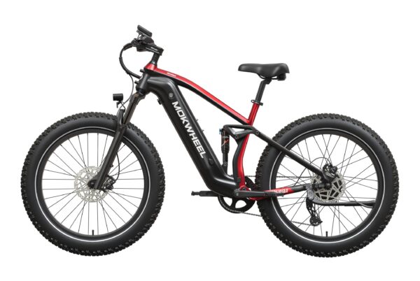 Black and red Mokwheel electric mountain bike with thick, knobby tires and full suspension.